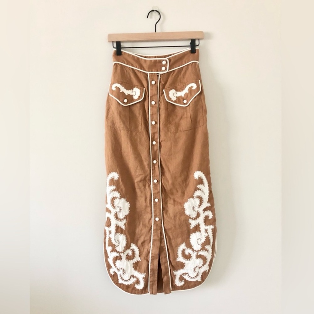 Alemais Tan Midi Skirt with White Embroidery
